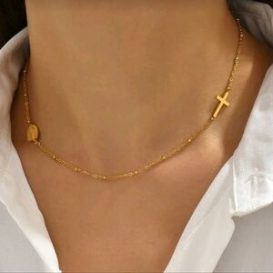 NEW! 18K Gold Plated Trendy Cross & Religious Oval Medal Sideways Necklace